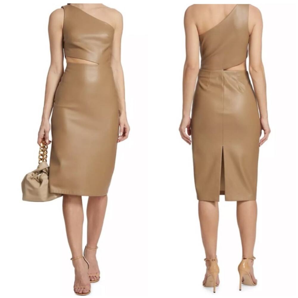 NWT L'Agence Tan Brown Aliyah Cutout One-Shoulder Faux Leather Dress Size 18